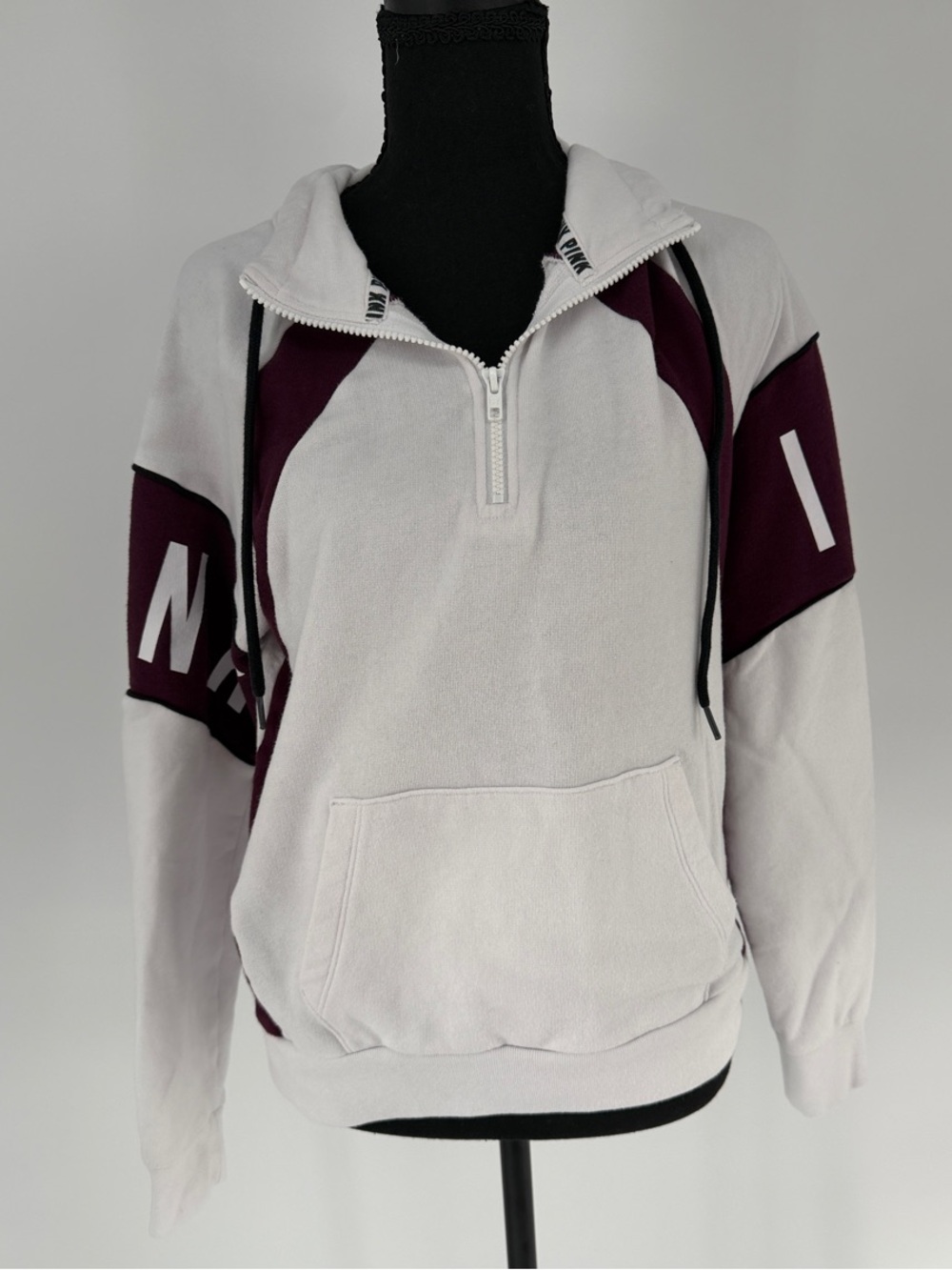 PINK Victoria's Secret Half-Zip Sweatshirt - White & Burgundy / maroon - M